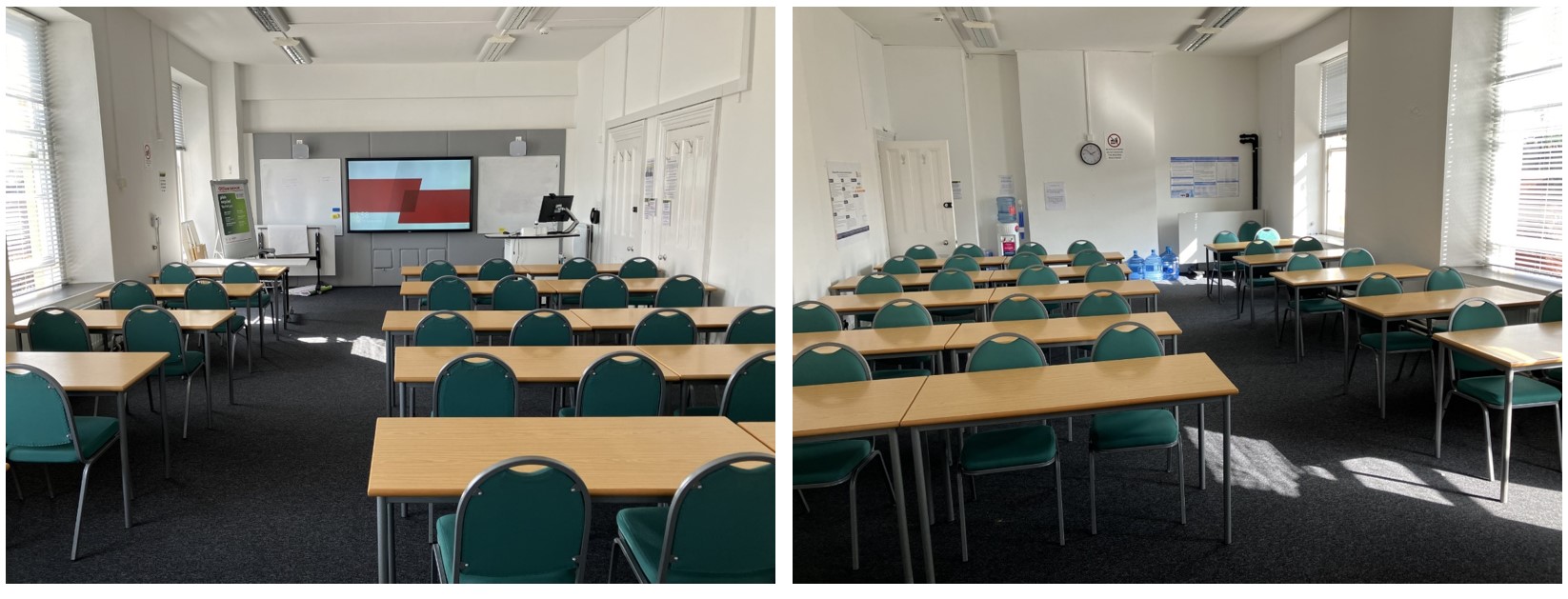 Rows of tables and chairs facing the teaching wall